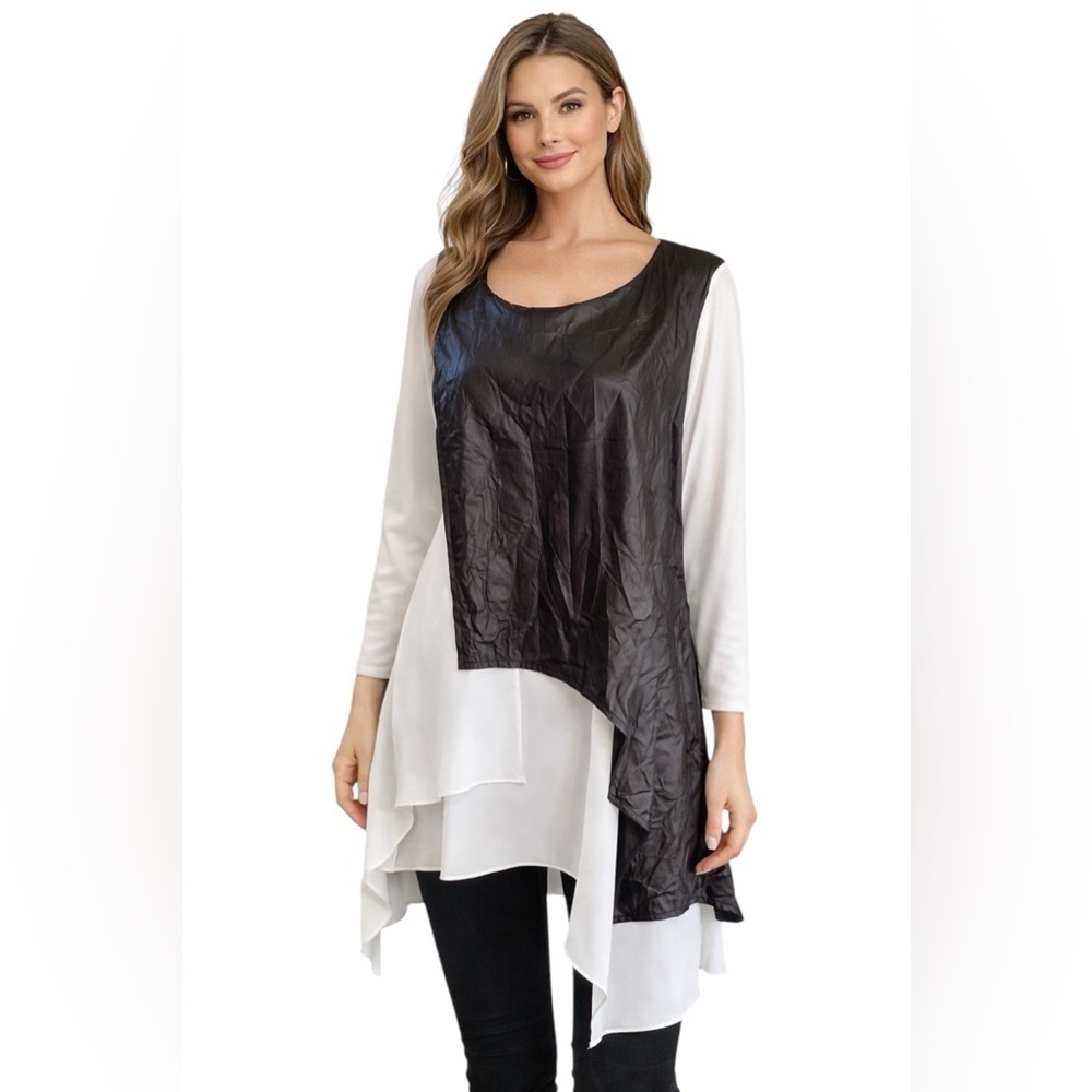 Zoi Black White Asym Tunic Top Faux Leather Chiffon Layered Size Small